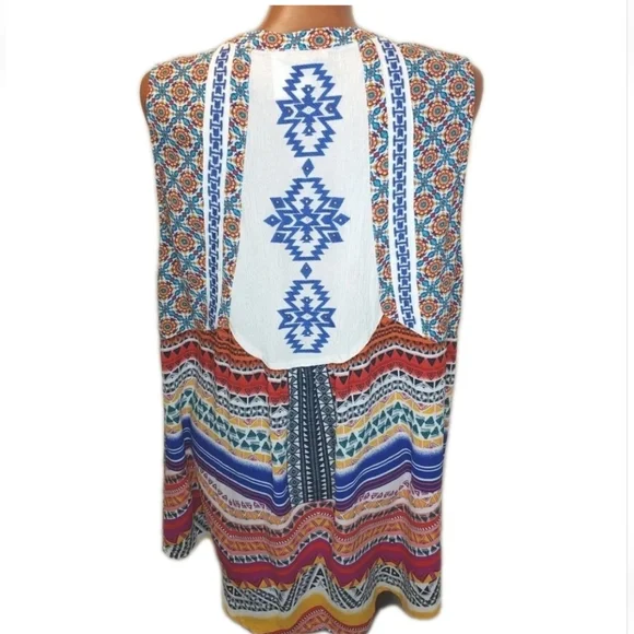 John Mark Boho Tunic Top Large Aztec Gauzy Embroidered Floral Striped Button - Picture 3 of 12